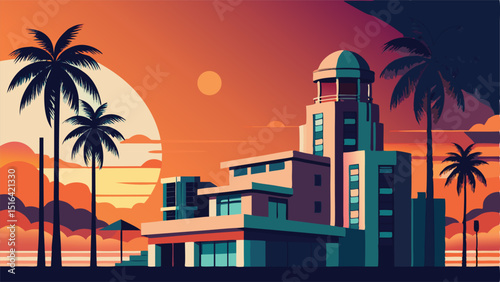 Hotel resort sunset ocean palms vector illustration design