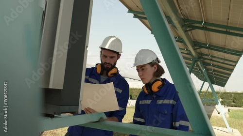 Engineers are working at solar farm. Electricity, sustainability.