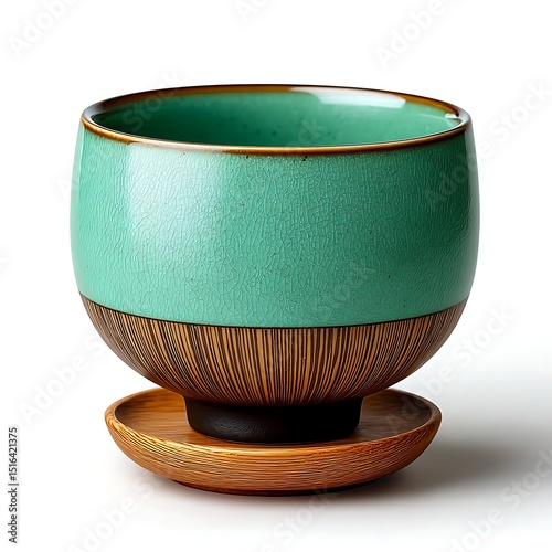 Teal Ceramic Bowl & Wooden Saucer