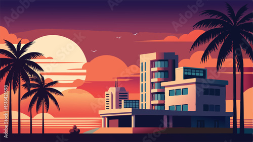 Tropical sunset beach palm trees ocean building illustration