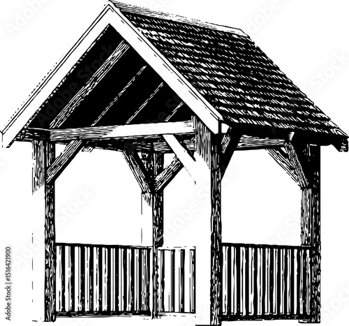 Engraved illustration of wooden playhouse featuring rustic roof and bold black lines