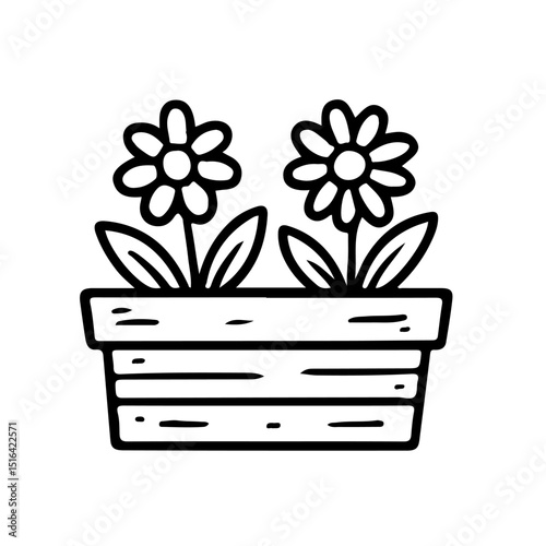 Charming vector illustration of a hand-drawn flower pot with daisy-like blooms, perfect for home decor, garden themes, and DIY projects. Ideal for spring and organic concepts.