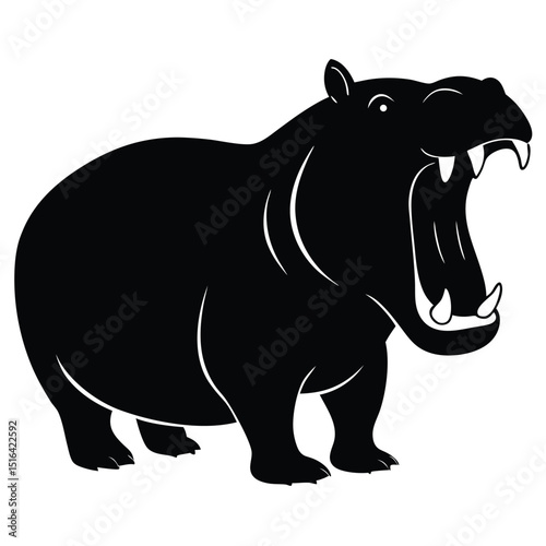 Bold black and white illustration depicting a powerful open-mouthed hippopotamus silhouetted on a white background