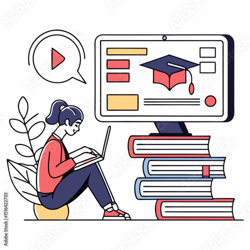 Vector art online education learning concept with woman using laptop for study and graduation cap on screen