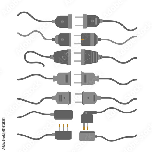 Set of Unplugged Power Cord Set Collection, Fix Power Connection Issues: Unplugged Cords, Lost Electricity, and Network Errors. 404 Error Concept, Electrical Wire Cable. Vector Illustration