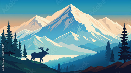 Vector landscape illustration of mountain range with a moose