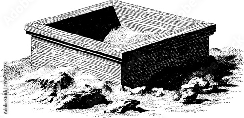 Engraved illustration of sandbox with black bold lines for playground designs