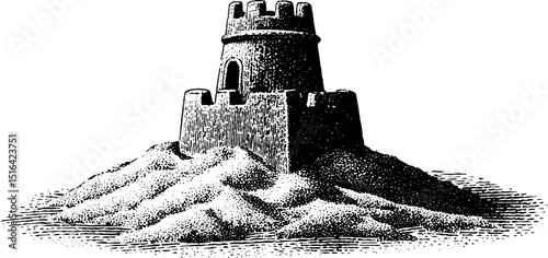 Intricate engraved illustration of sandcastle for artistic design