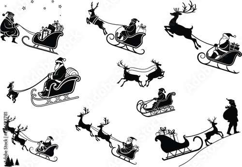 Silhouette santa clause and reindeer sleigh for christmas decoration clip art