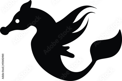 Elegant black seahorse silhouette vector floating gracefully on a clean white background representing marine life