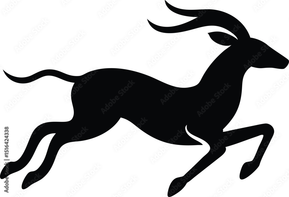 Obraz premium Elegant black silhouette gazelle sprinting on white background illustrating speed and grace in vector format