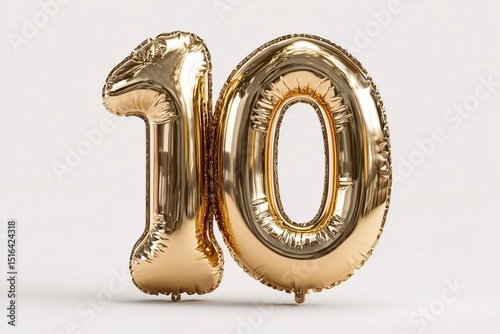 Shiny gold foil number 10 balloon on solid white background, elegant anniversary or birthday theme, ultra-detailed