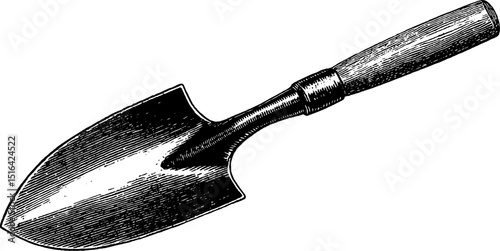 Detailed engraved shovel illustration with bold black lines for gardening poster design