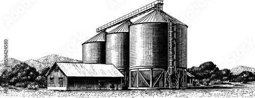 Detailed engraved illustration of rural silos and barn with mountain backdrop