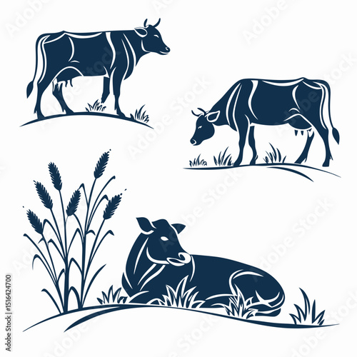 A Set Of Cow Silhouettes Including Standing Cow G