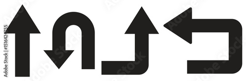 Go Straight This Way One Way Only U Turn Left and Right Black Arrow Sign Direction Icon Set. unique black design on white background