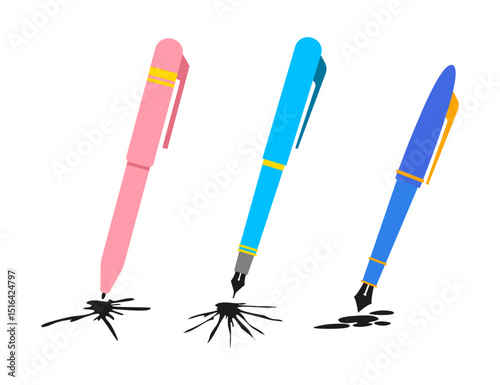Set of Pen Leaking Ink Set Collection Concept Illustration, Student Stress: Leaking Pen Causes Messy Ink Stains and Academic Frustration. Academic Burnout and Stress in College. Flat Vector.