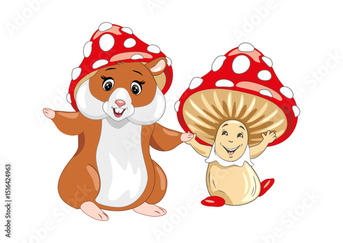 Funny hamster and happy amanita