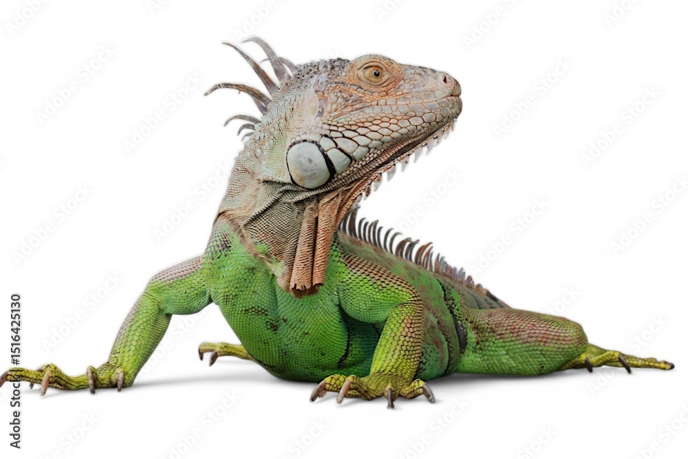 Obraz premium Green Iguana (also known as Common or American iguana) isolated on white background. mostly herbivorous species of lizard of the genus Iguana. It is native to Central America, South America.