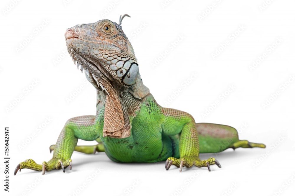 Obraz premium Green Iguana (also known as Common or American iguana) isolated on white background. mostly herbivorous species of lizard of the genus Iguana. It is native to Central America, South America.