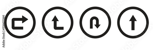 Go Straight This Way One Way Only U Turn Left and Right Black Arrow Sign Direction Icon Set. unique black design on white background