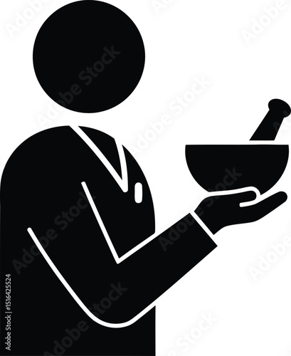 Silhouetted icon illustrating a pharmacist or chemist holding a mortar and pestle representing medicine and healthcare
