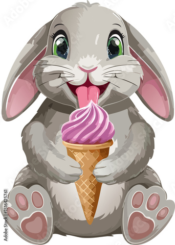 A cartoon bunny happily enjoying an ice cream cone