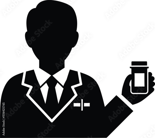 Black and white silhouette of a pharmacist holding a prescription medication bottle simple medical healthcare icon