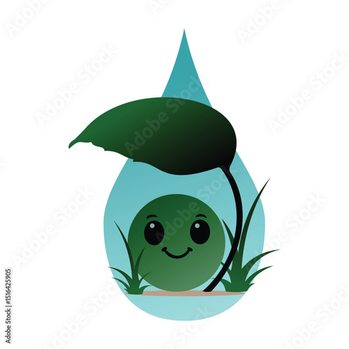 vector illustration of cute smiling eco-friendly character under a leaf, as an eco-friendly symbol or sign