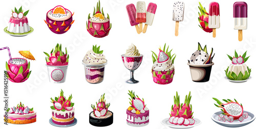 A collection of fresh dragon cakes, delicious cakes, ice creams and puddings.