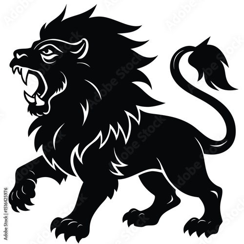 Heraldic roaring lion silhouette depicting strength and courage in classic black and white design
