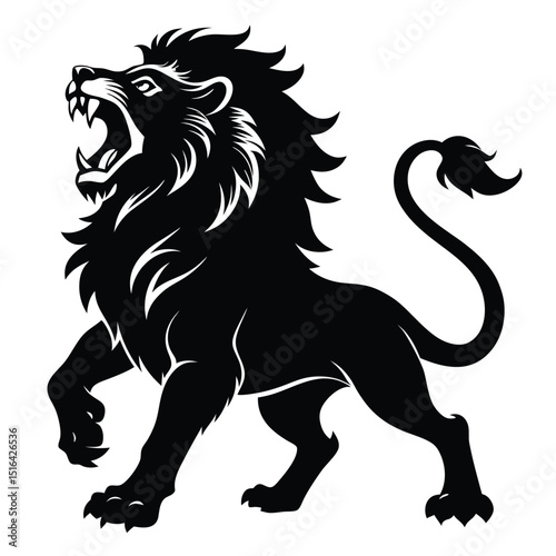 Powerful black lion vector illustration of a roaring big cat showing strength and majesty on white background