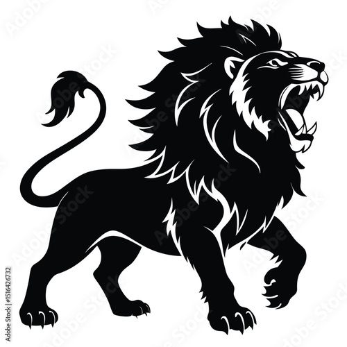 Powerful silhouette of a roaring lion with majestic mane depicted in bold black and white illustration.