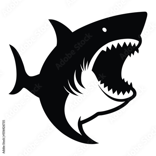 Powerful shark silhouetted with open jaws depicting strength and aggression on a crisp white background.