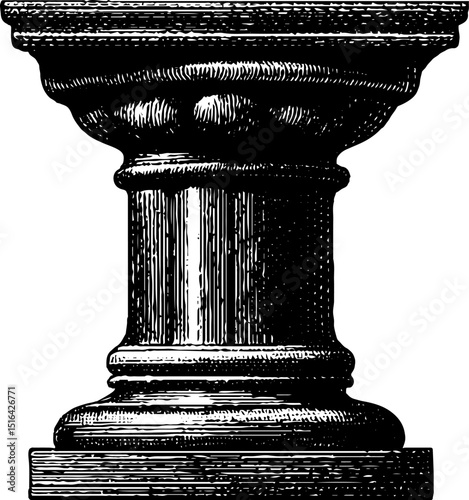Engraved illustration of stone pillar with bold black detailing for design projects