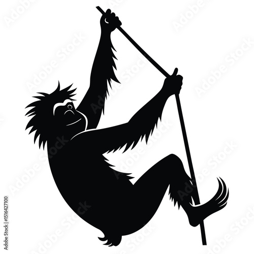 Silhouette illustration depicting a playful orangutan hanging from a branch against a white background
