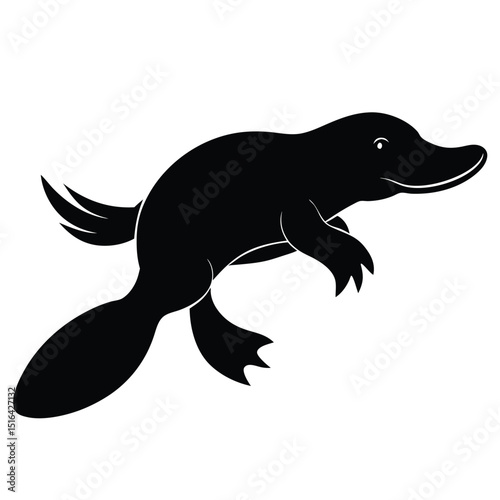 Silhouette illustration of a swimming platypus in black and white for nature and australian wildlife designs