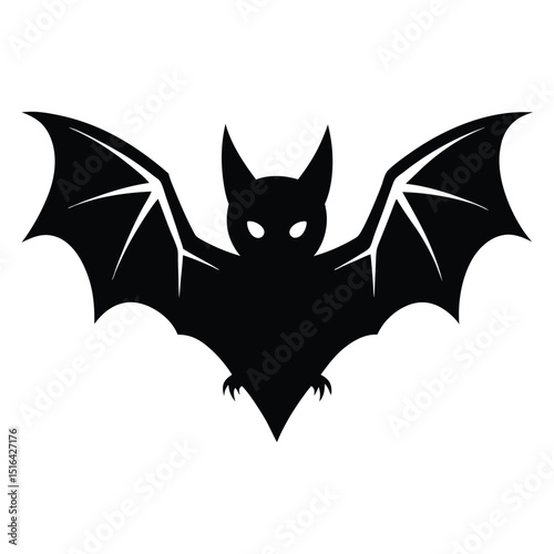 Silhouette of a black bat with wings spread widely against a white background for halloween decorations