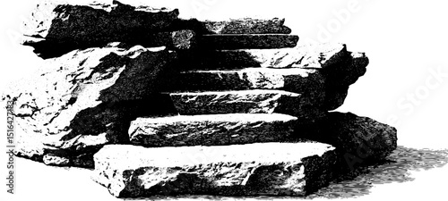 Engraved illustration of stone staircase with textured rock details for art and design