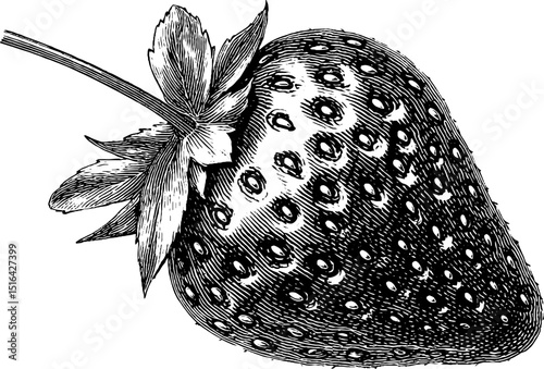 Detailed engraved illustration of strawberry with black bold lines for artistic design
