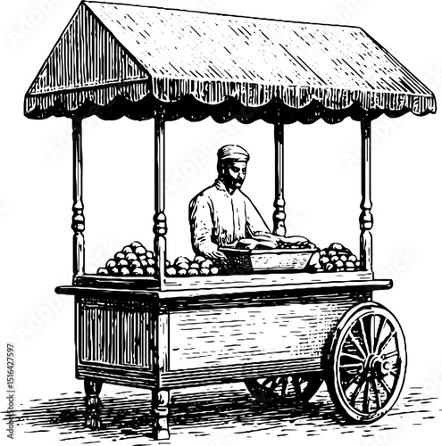 Vintage street vendor engraving: traditional market scene with produce