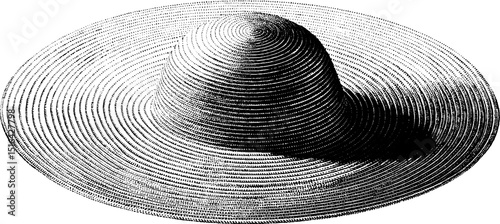 Engraved illustration of a sun hat with intricate lines and bold black design