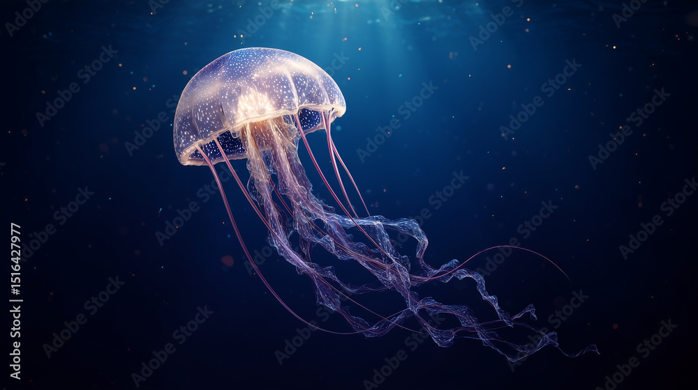 A translucent jellyfish in the deep blue ocean. A translucent jellyfish in the deep blue ocean.