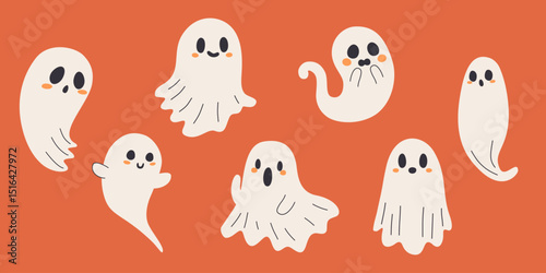 Zestaw duszków. Straszne i zabawne sylwetki duchów. Tradycyjne dekoracje na Halloween. Ilustracja wektorowa.