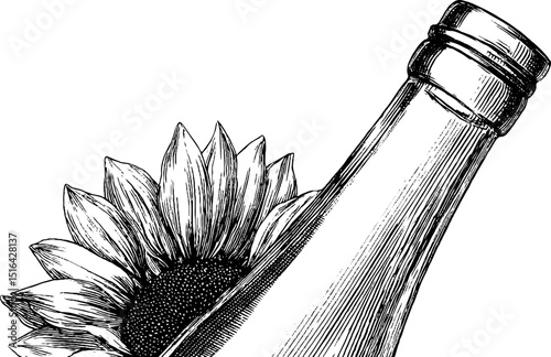 Engraved illustration of sunflower oil bottle with bloom for culinary design