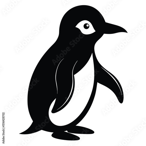 Striking silhouette of a penguin adorned in classic black and white vector illustration on clean white background.