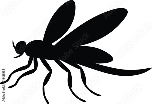 Vector illustration of a black dragonfly in flight against a clean white background for graphic design