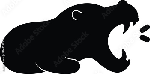 Vector illustration of a yawning hippopotamus depicted as a black silhouette design with transparency