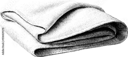 Detailed engraved illustration of folded towel with intricate black lines for print design