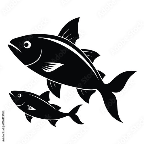 Vector illustration of two silhouetted fish swimming depicting wildlife and marine life in black and white